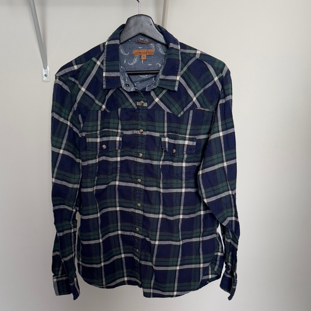 JACHS Girlfriend Navy and Forest Snap Button Plaid Shirt